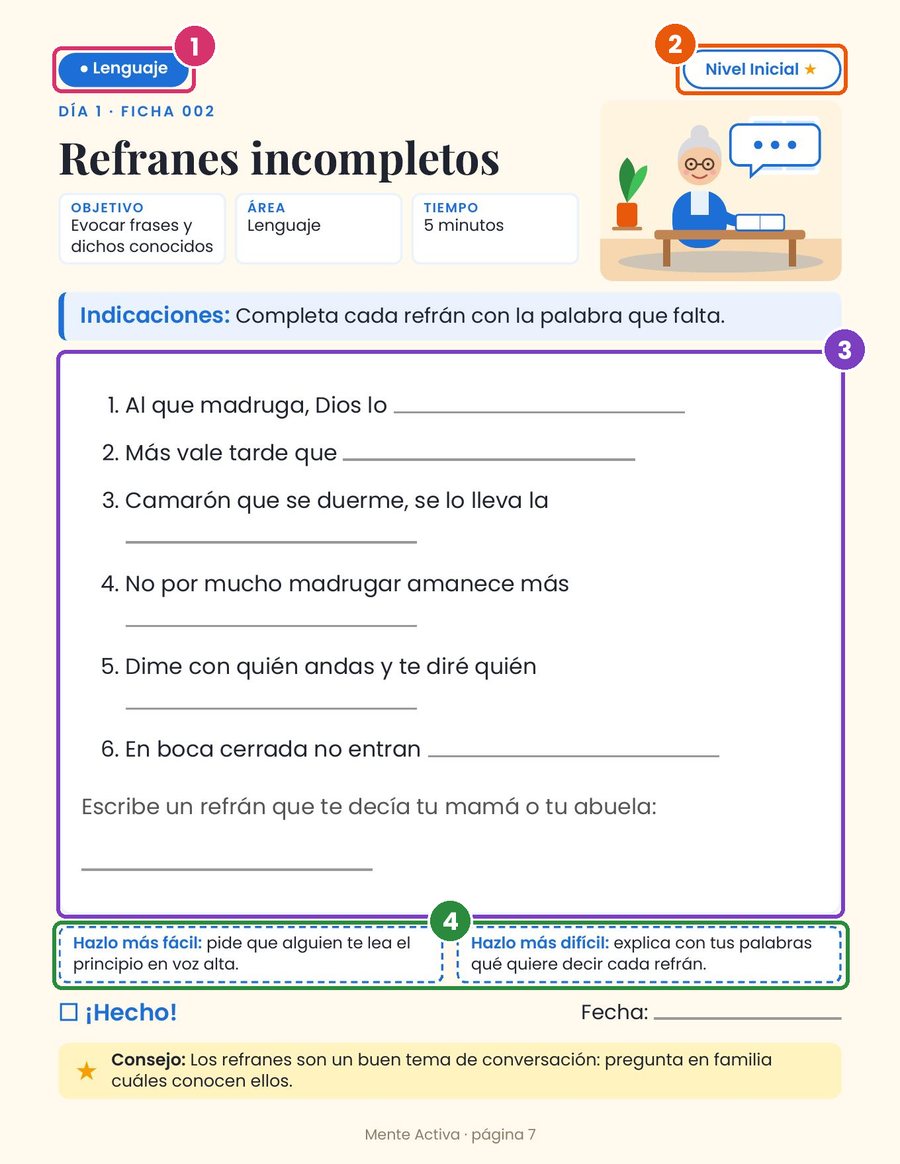Ficha real Refranes incompletos con 4 partes señaladas: área, nivel, ejercicio en letra grande y versiones más fácil y más difícil